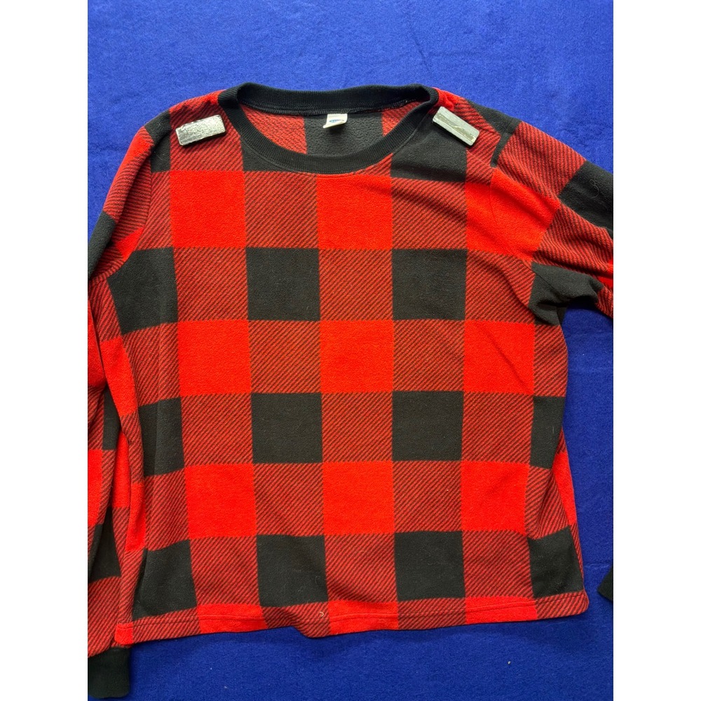 Old Navy Fleece Top Womens S Tall Red Black Buffalo Plaid Long Sleeve Crewneck